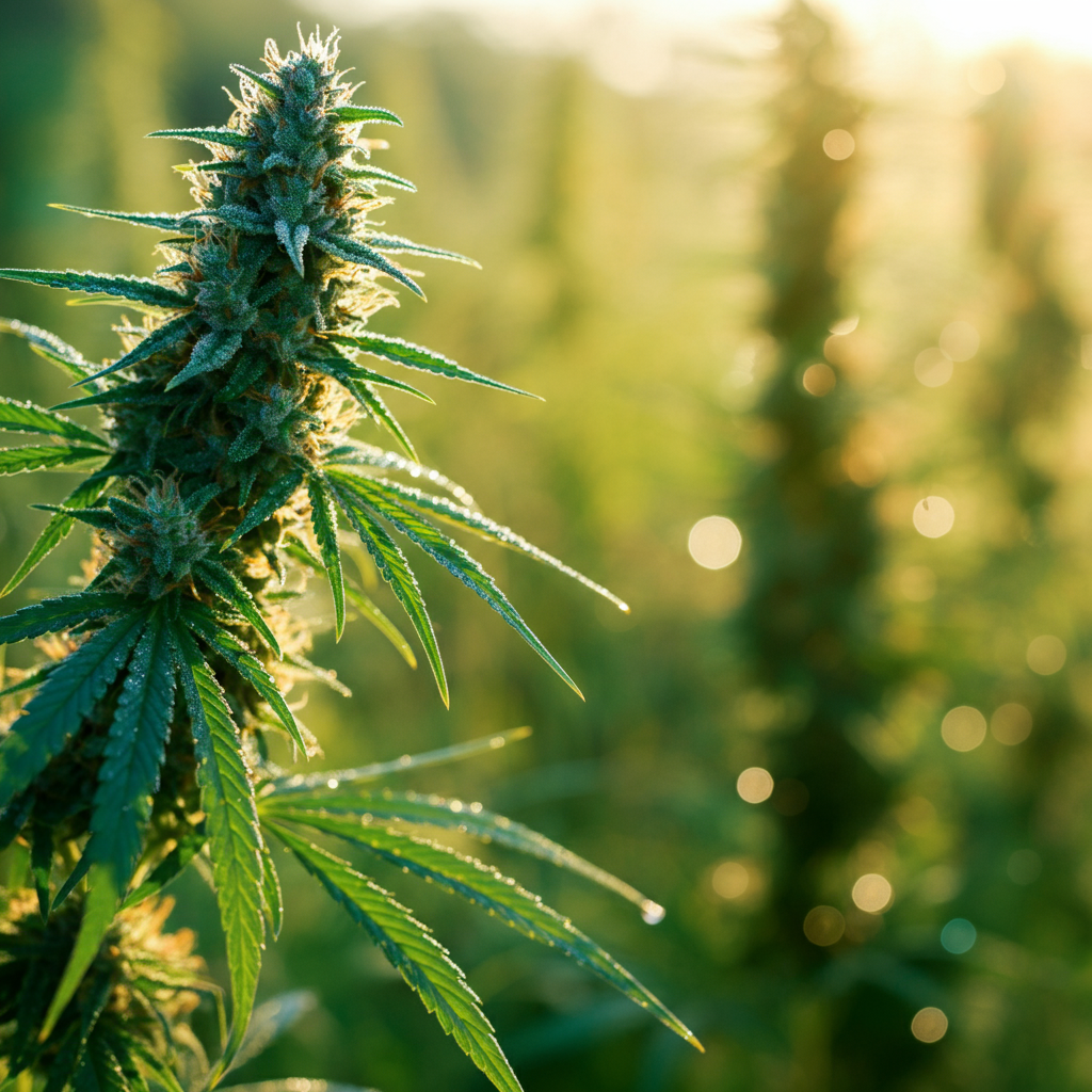Close-up of a cannabis plant with green leaves sparkling in sunlight.