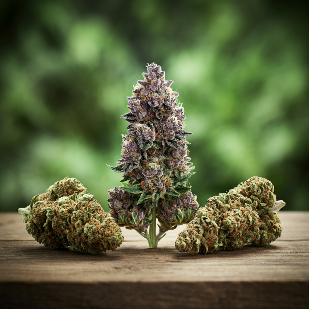 Three cannabis buds on a wooden surface, featuring one tall purple bud in the middle and two shorter green buds on the sides.