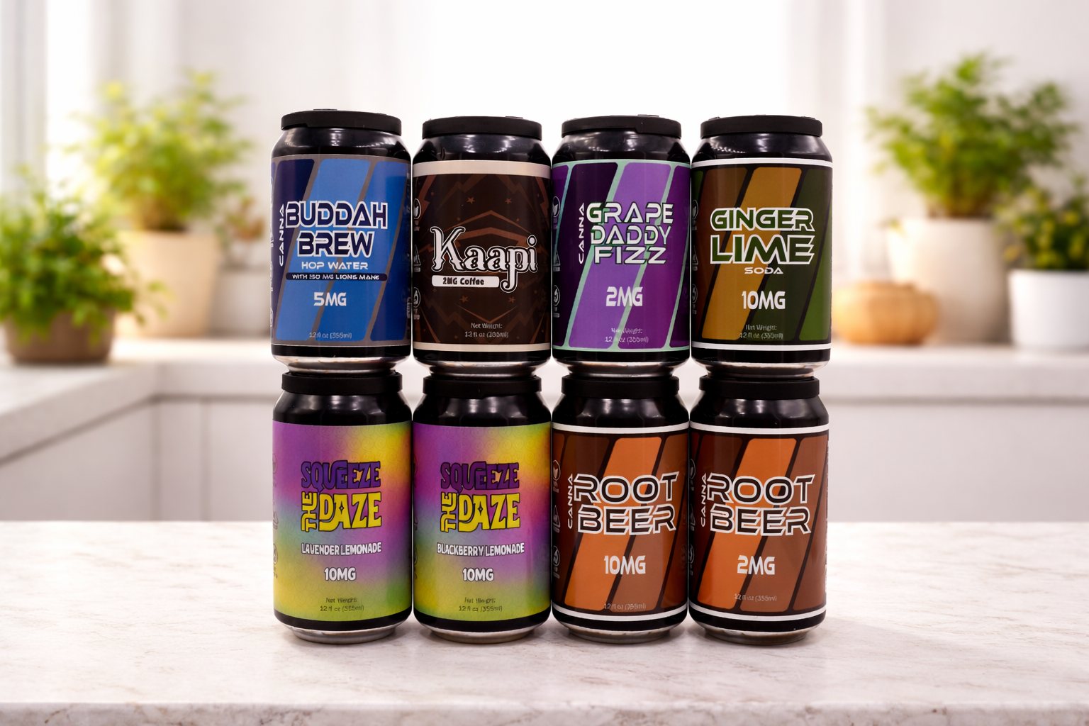 A can of Nova Hemp Root Beer with 2mg THC, featuring a leaf logo.