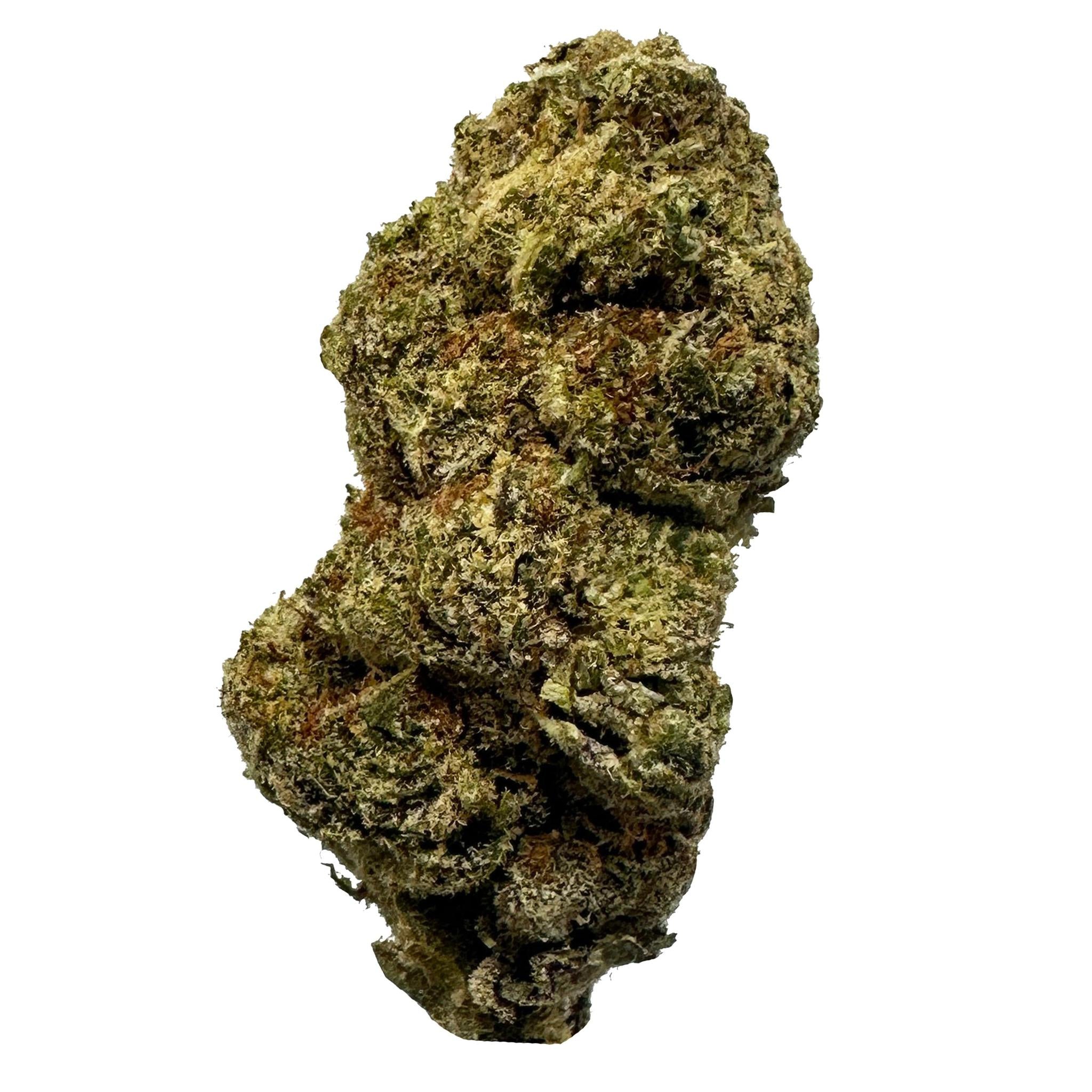 a photo of a sour runtz thca bud covered in trichromes on a white background