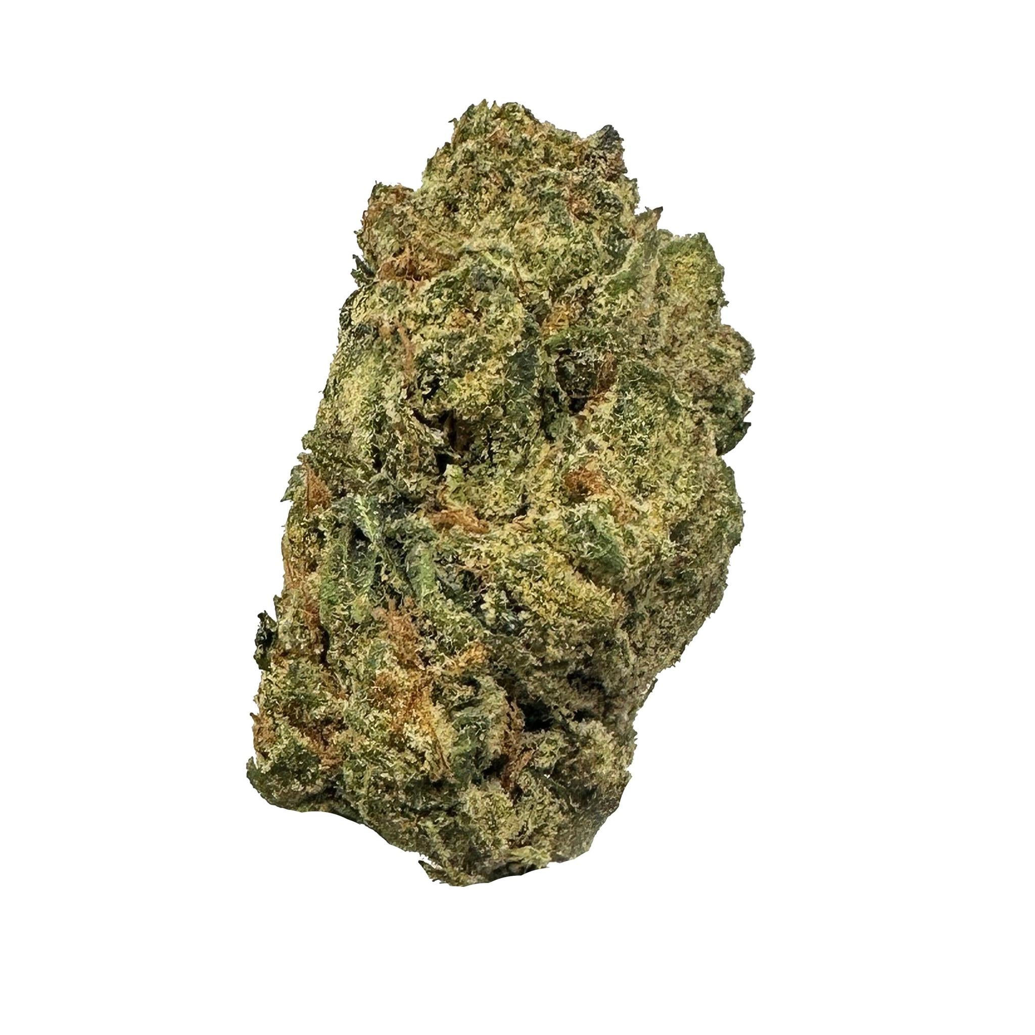 a photo of a green nug of super glue thca flower with dense trichomes