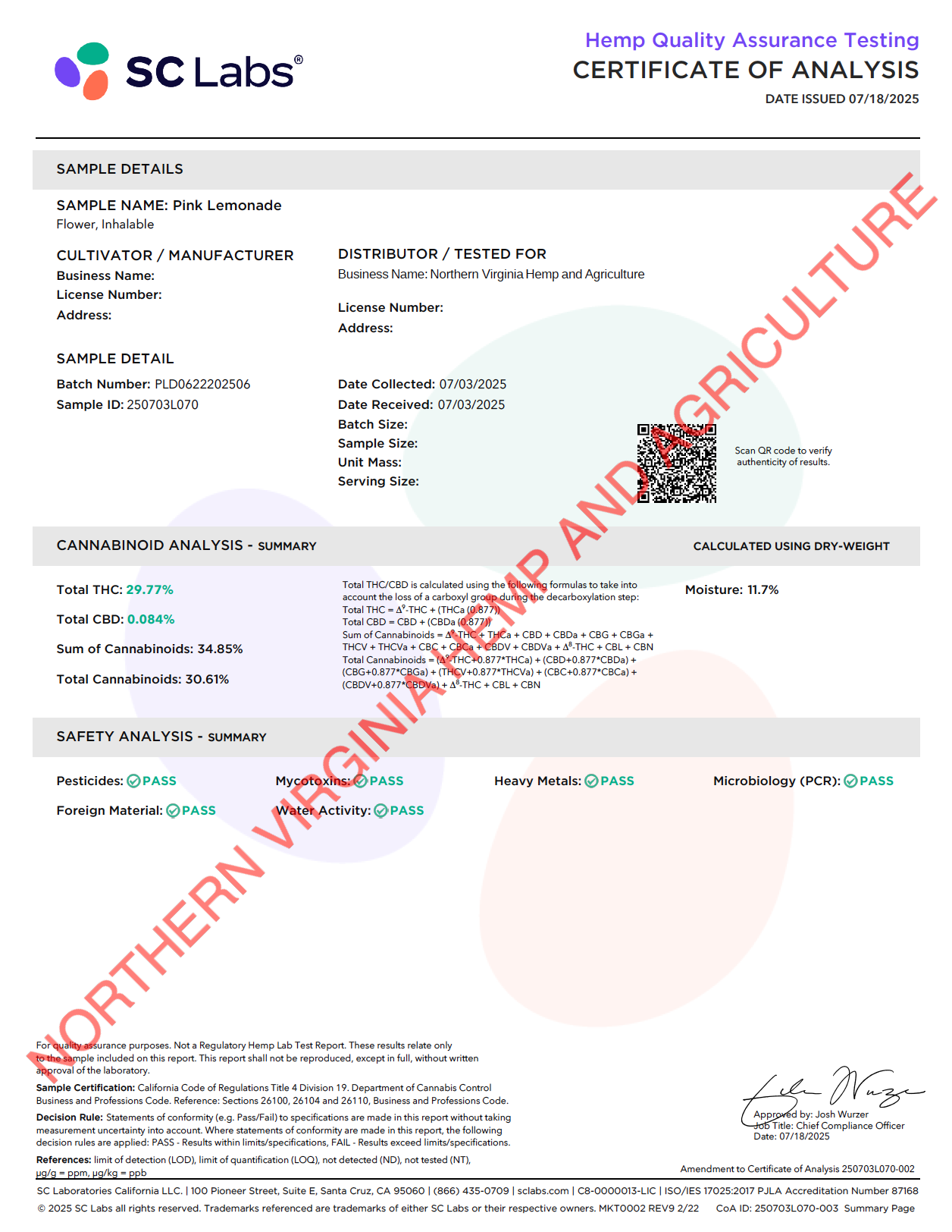 SC Labs Hemp Quality Assurance Testing Certificate of Analysis with cannabis analysis details.