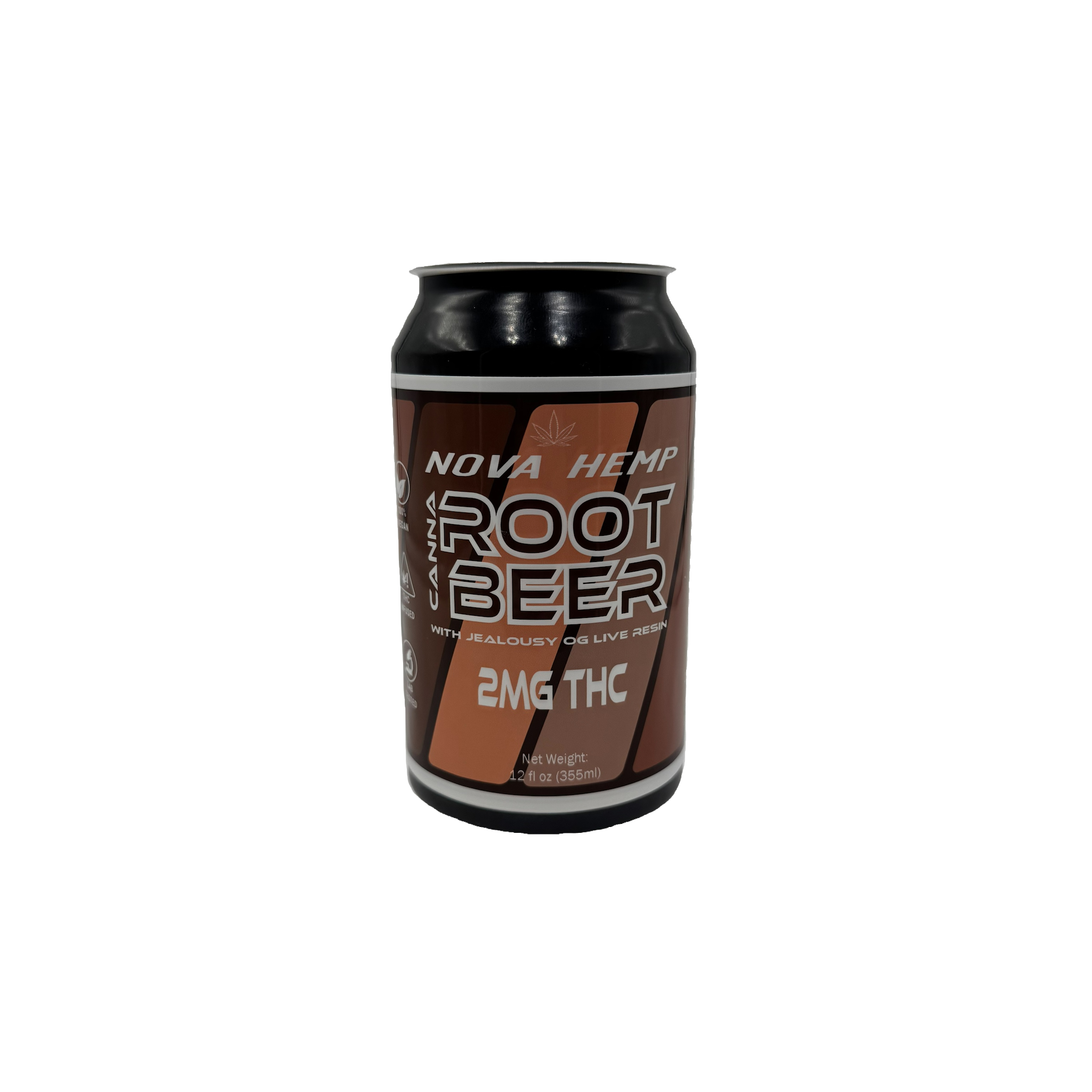 Can of Nova Hemp Root Beer with 2mg THC on a white background