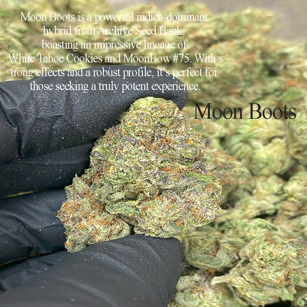 A photograph of Moon Boots THCa flower. This THCa strain is available through NOVA Hemp’s THCa oz deals.