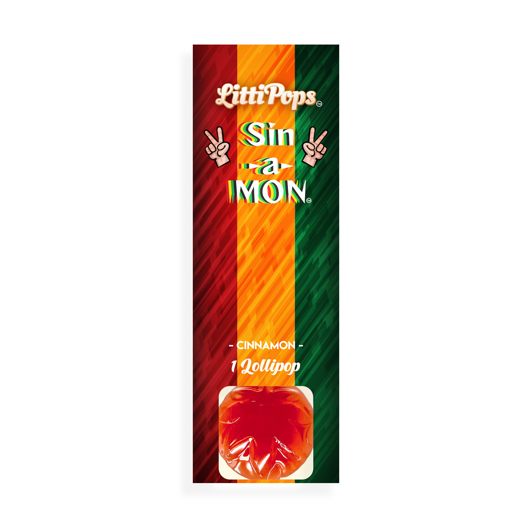 Packaging of NOVA Hemp LittiPops Sin-a-Mon THC lollipop with a cinnamon flavor, featuring a design inspired by peace signs and vibrant colors.
