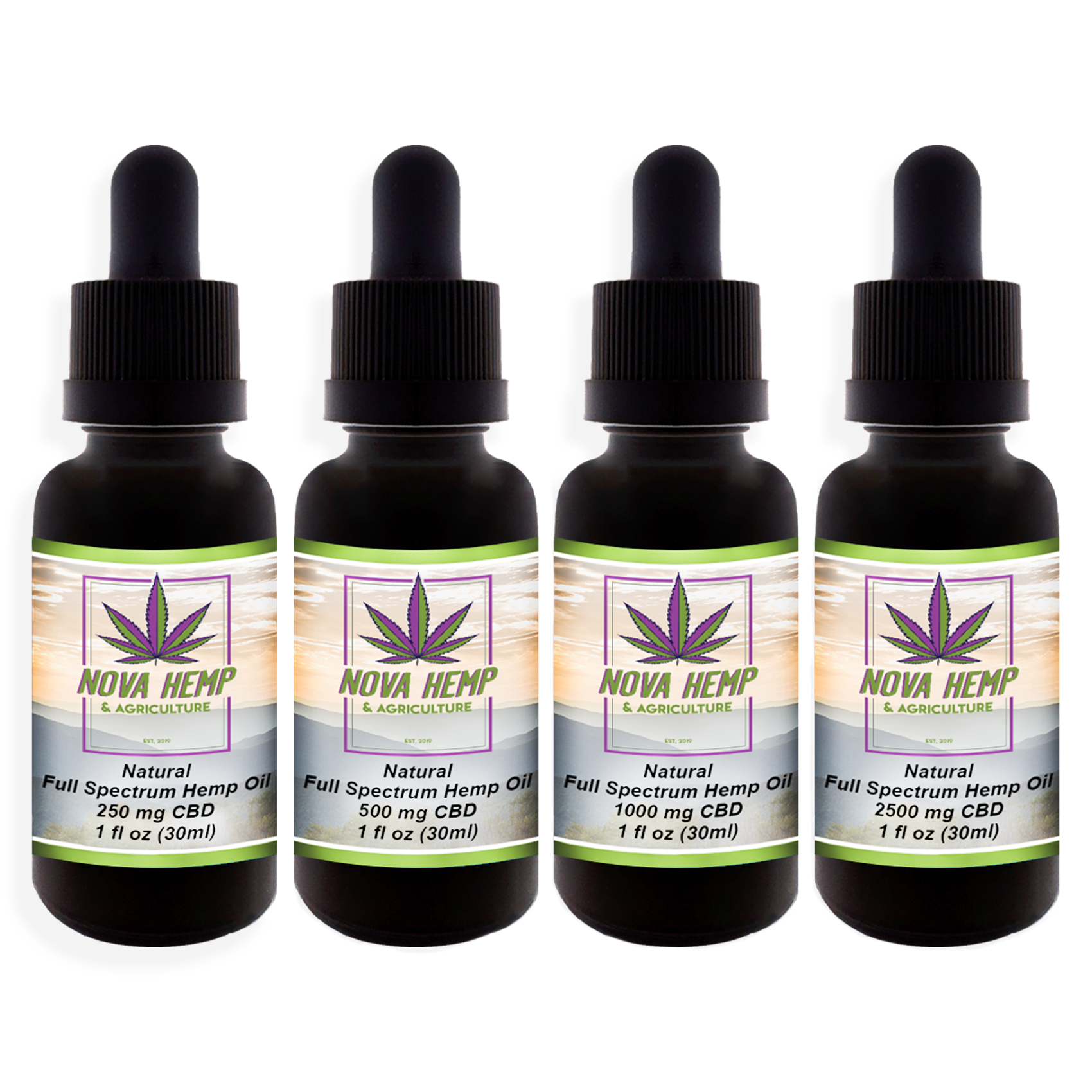 Four vials of Full spectrum CBD tinctures. Ingredients include MCT oil and Hemp oil. Purchase CBD tinctures online from NOVA Hemp.