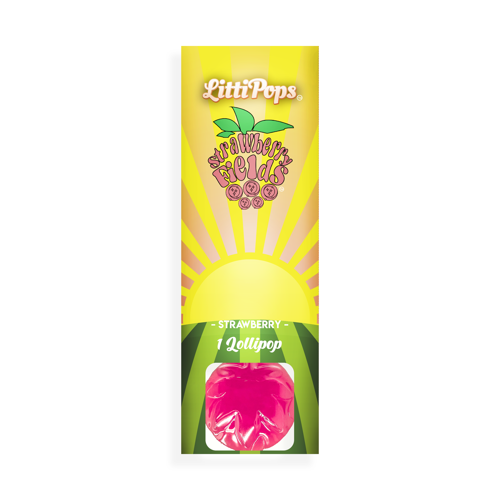 Packaging of NOVA Hemp LittiPops Feelin' Peachy THC lollipop with a peach-colored design and an illustration of a peach. The hemp lollipop is pink.