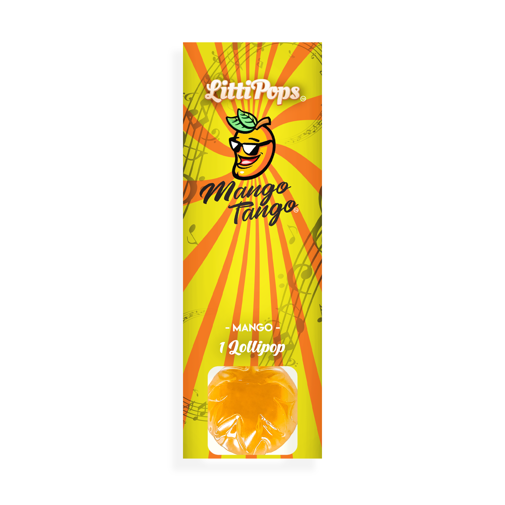 Packaging of NOVA Hemp LittiPops Mango Tango THC lollipop featuring a smiling mango character wearing sunglasses.