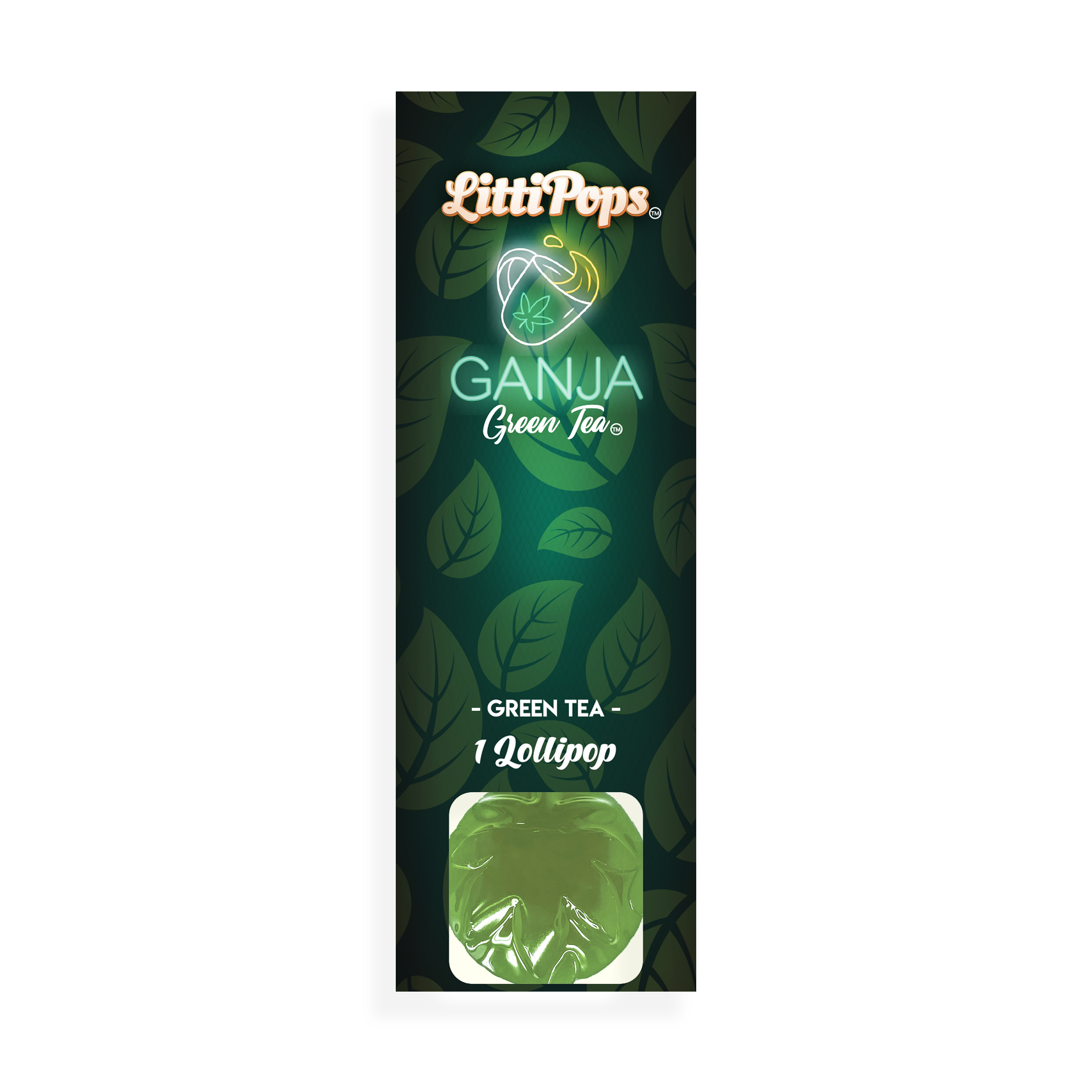 A LittiPops Ganja Green Tea flavored THC lollipop, highlighting a healthy, cannabis-infused edible with vegan, gluten-free, and corn syrup-free ingredients, presented in a green packaging.