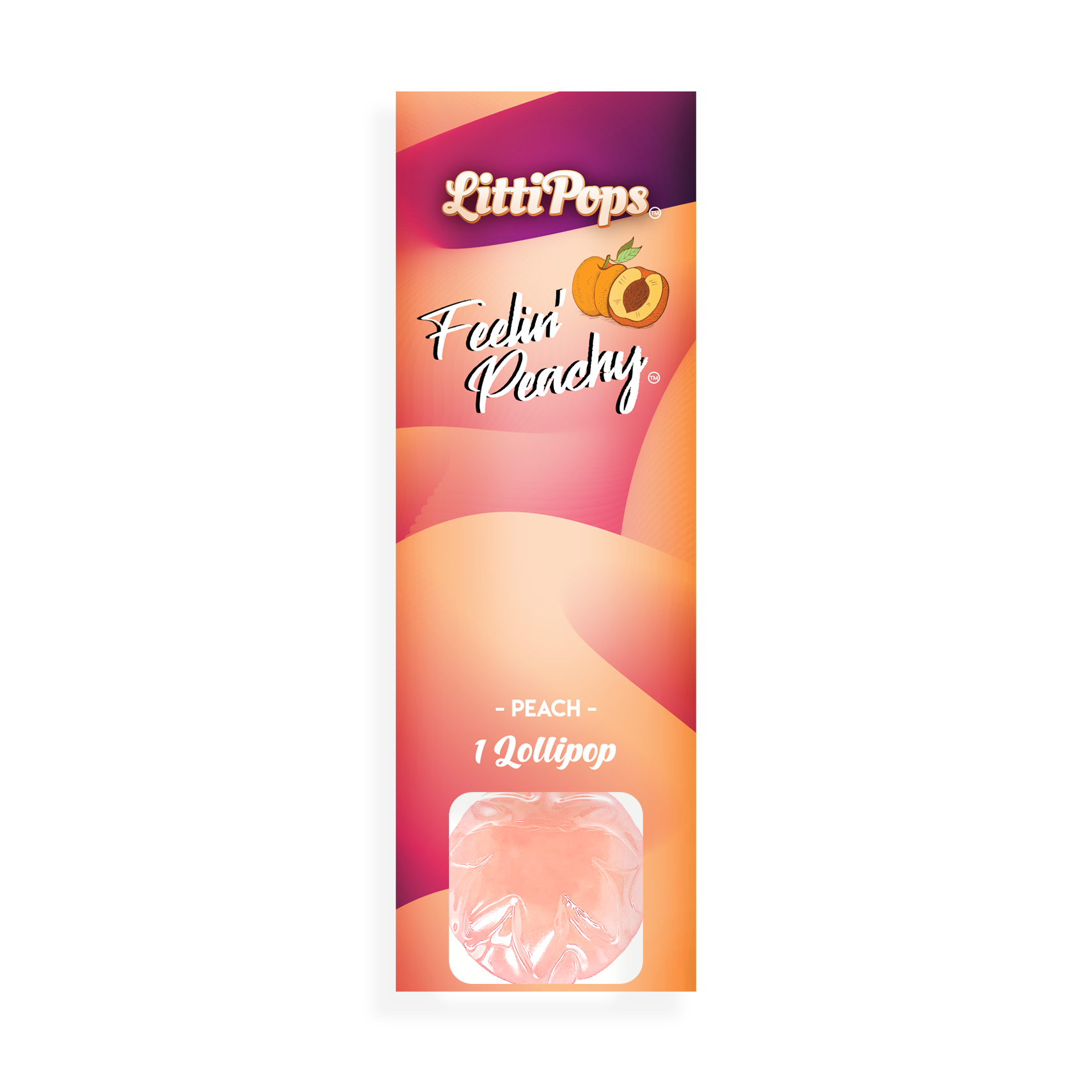Packaging of NOVA Hemp LittiPops Feelin' Peachy THC lollipop with a peach-colored design and an illustration of a peach. The hemp lollipop is peach colored.