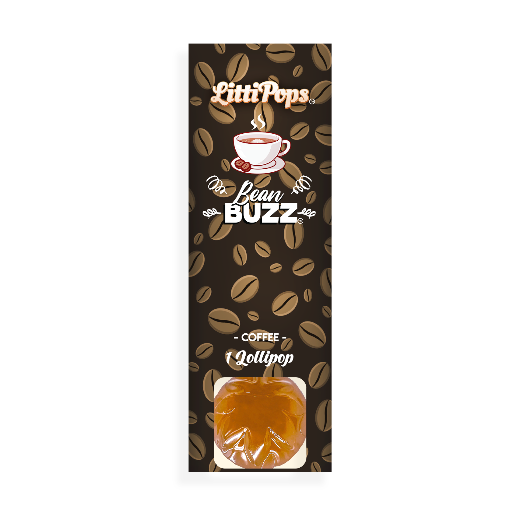Packaging of NOVA Hemp LittiPops Bean Buzz THC lollipop with a coffee flavor, featuring coffee beans and a steaming coffee cup design.