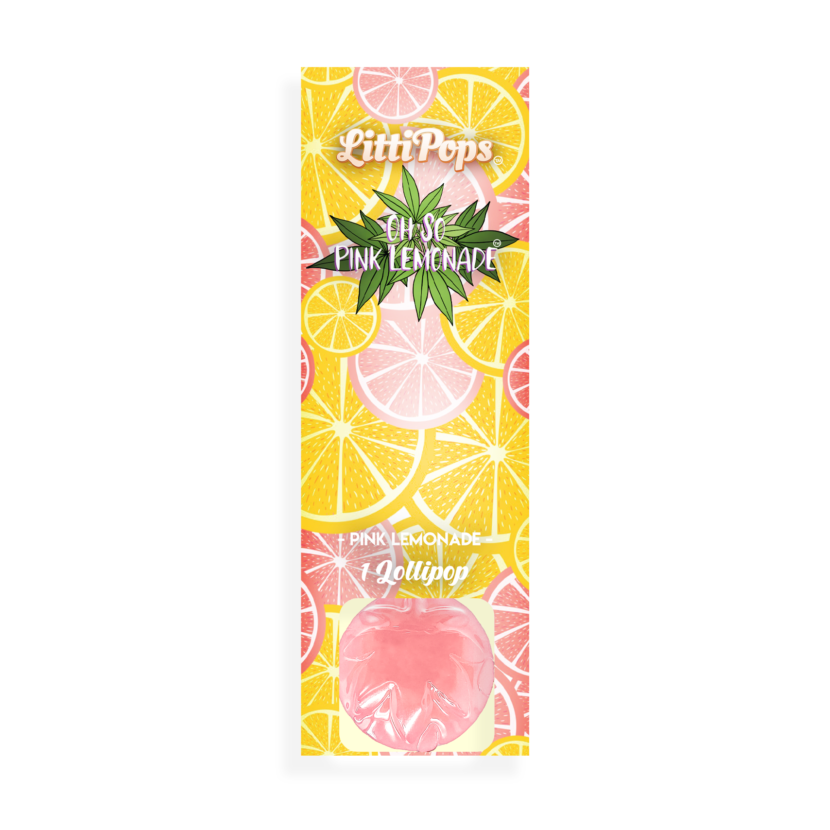 Packaging of NOVA Hemp LittiPops Oh So Pink Lemonade THC lollipop with a vibrant design featuring slices of pink and yellow citrus fruits.
