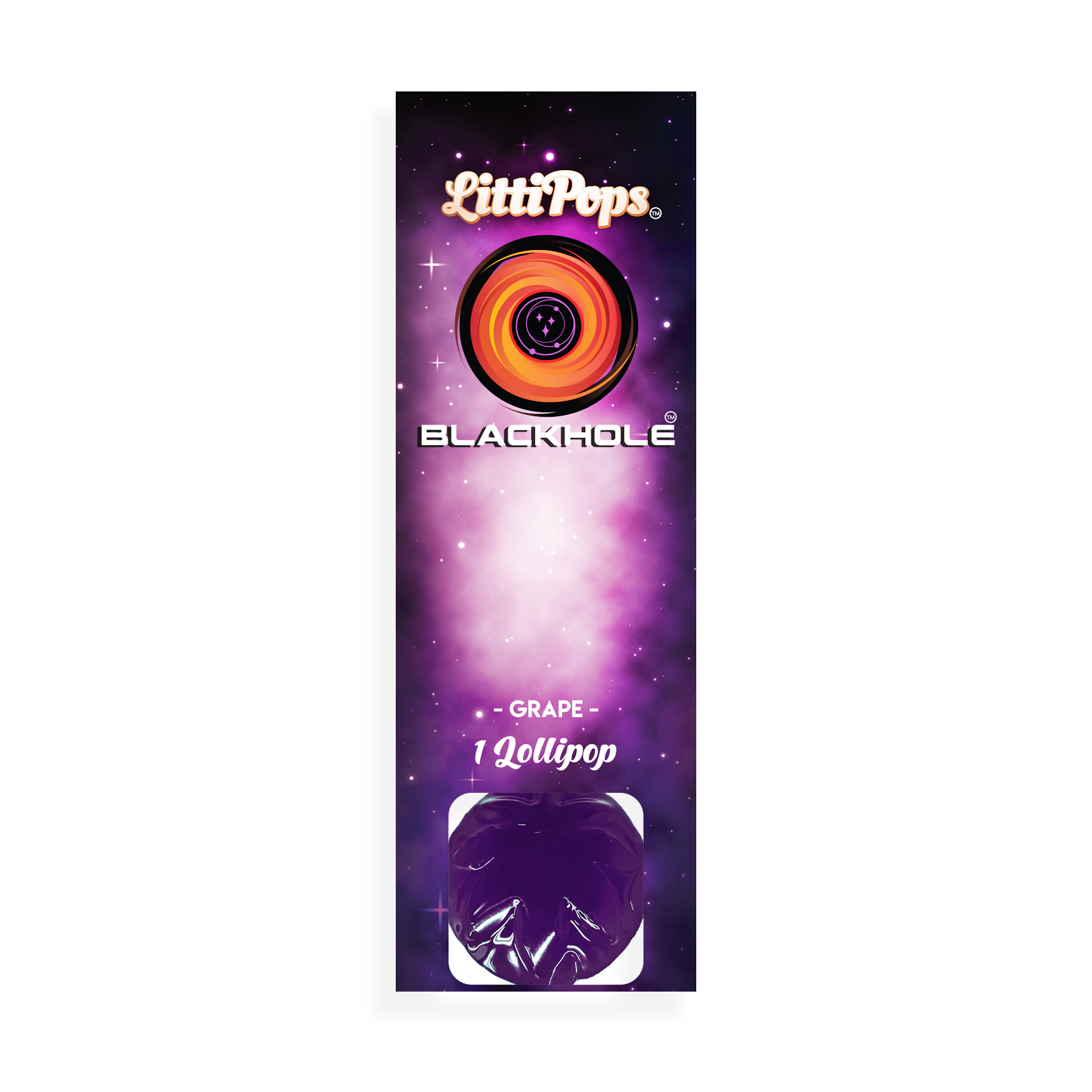 Packaging of NOVA Hemp LittiPops Blackhole THC lollipop with a grape flavor, featuring a space and black hole theme. The hemp lollipop is dark purple.