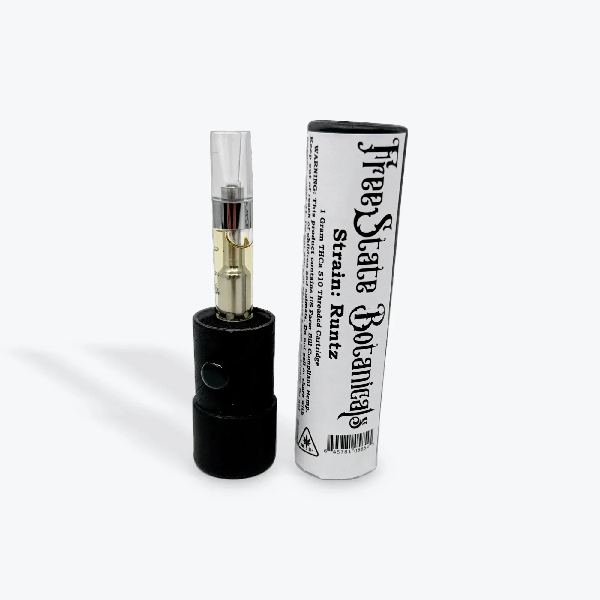 A photo of an ikrusher tux 1ml vape cartridge made by Freestate botanicals, a brand owned by Nova Hemp. Learn about this vape and more in NOVA Hemp’s guide to THC vape carts.
