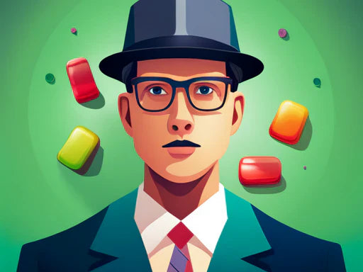 An illustration of an individual in a suit surrounded by hemp gummies. The individual is pondering the benefits of CBD gummies vs CBG gummies.