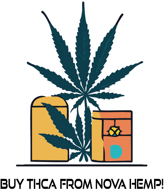 An illustration featuring a large cannabis leaf behind two stylized product containers, one rectangular and the other cylindrical, representing THCa products from NOVA Hemp.
