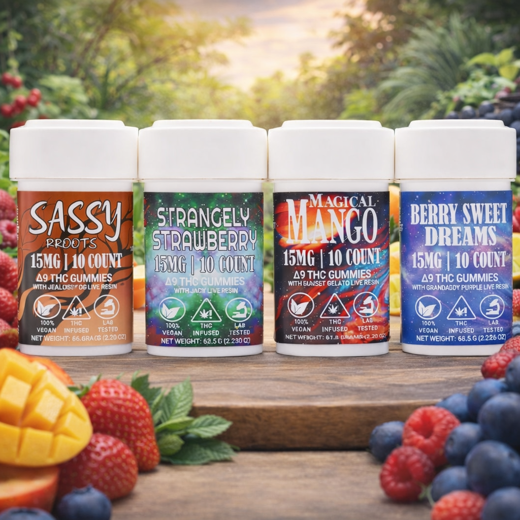 Four jars of THC gummies in different flavors: Sassy Roots, Strangely Strawberry, Magical Mango, and Berry Sweet Dreams. 