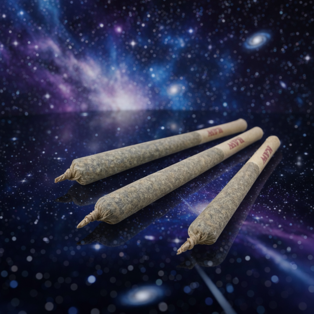 Three infused prerolls with concentrate on a cosmic background with stars and galaxies. 