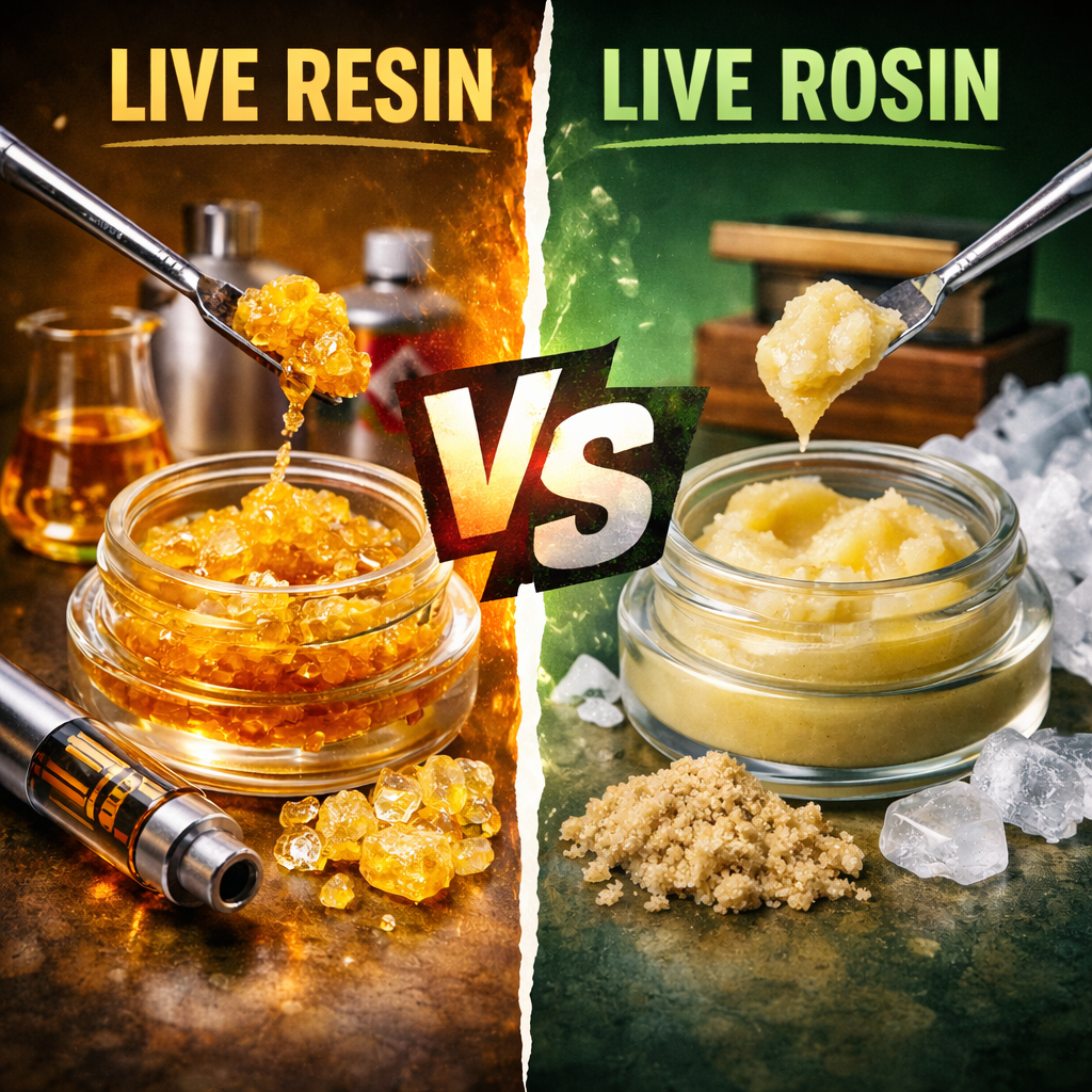 A split image showing live resin on the left with orange crystals and a vape pen, and live rosin on the right with yellow paste and ice. 