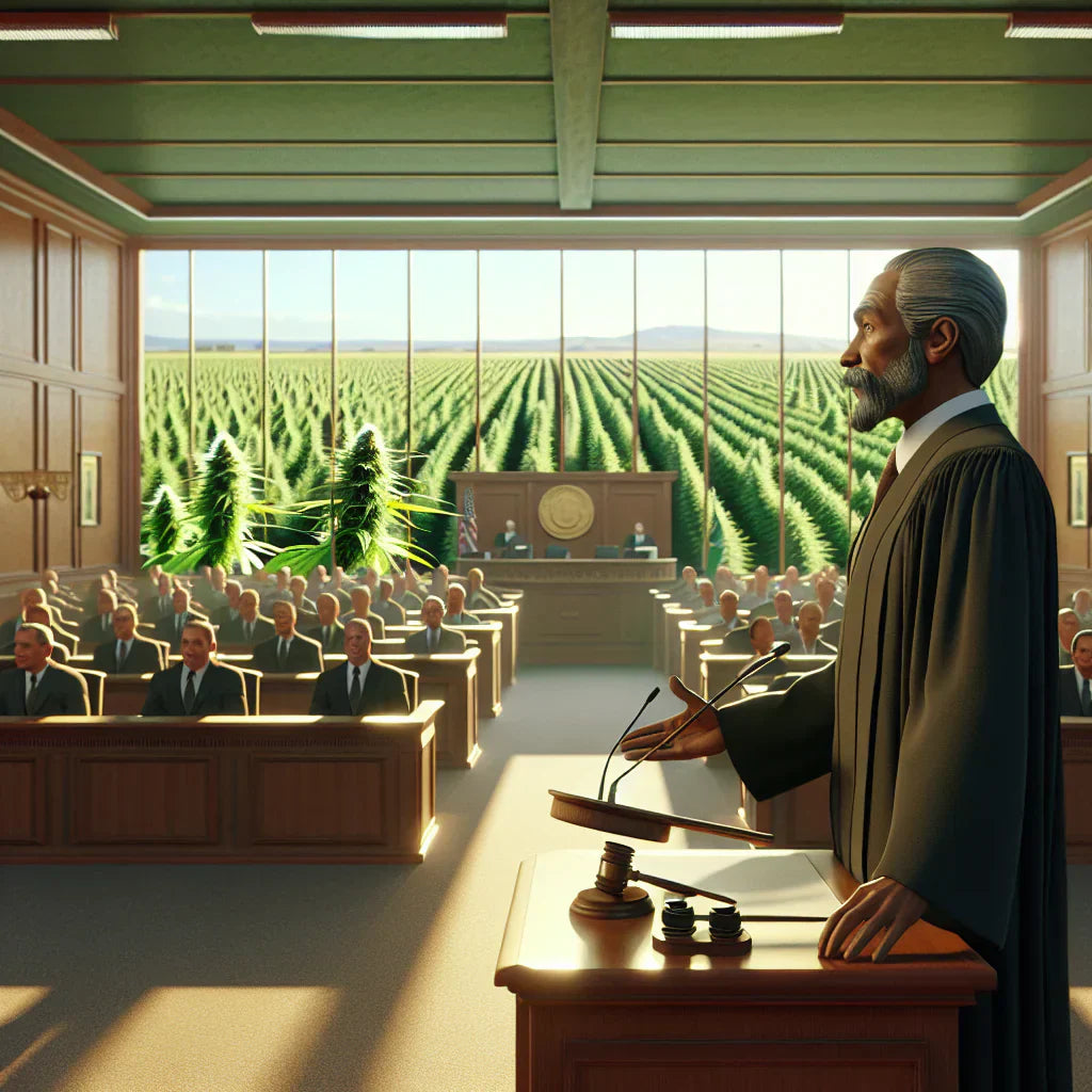 A judge in a courtroom speaks at a podium, ruling the 4th circuit hemp case, with cannabis plants visible through large windows, symbolizing a legal decision on hemp-derived cannabinoids.