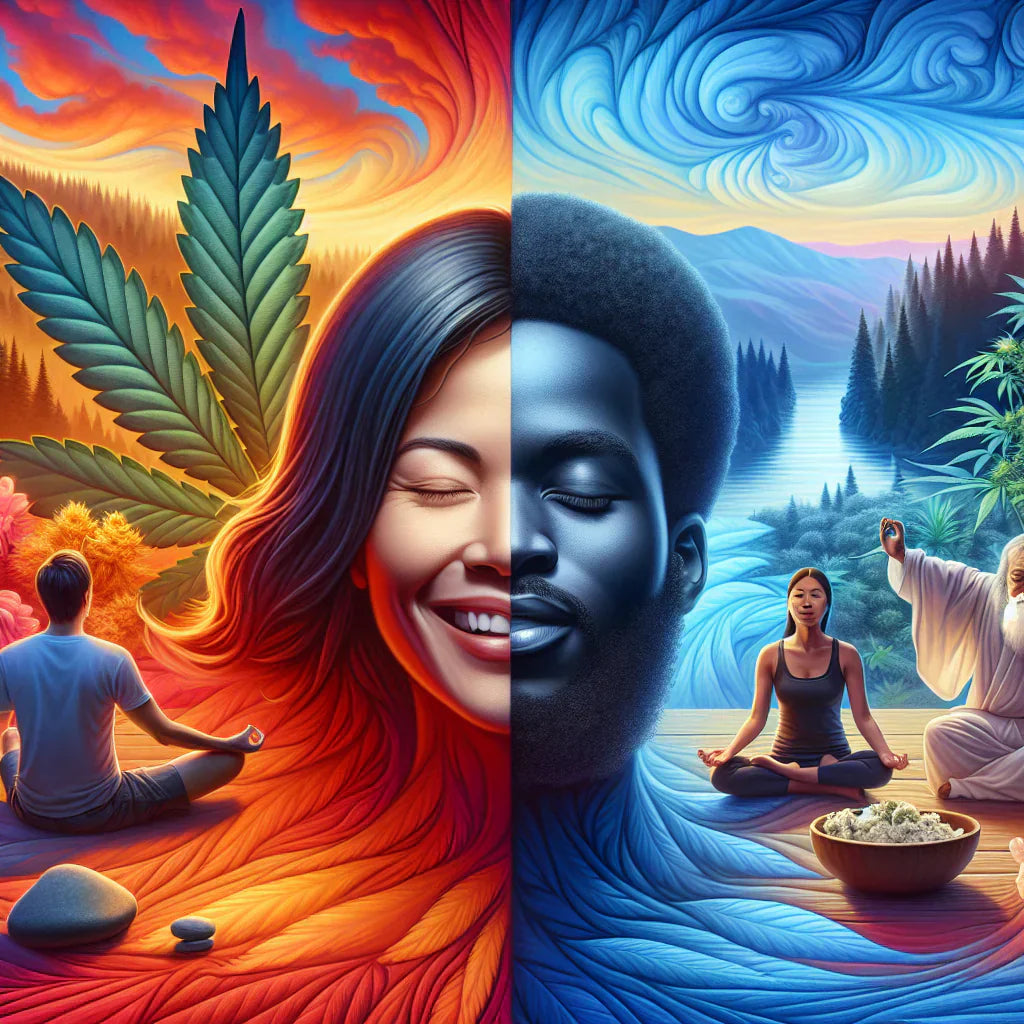 A vibrant split image showcasing a serene cannabis meditation scene. The image represents the question: what’s the difference between THC and THCa?