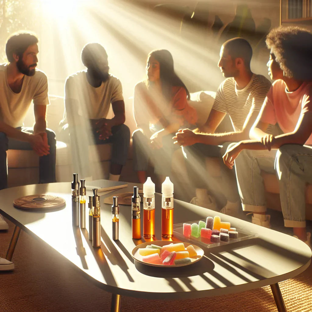Several friends sitting around the table in a bright, sunlit room. There are several Delta 8 vapes and D gummies on the table. The people are discussing THC metabolism and questioning, how long does Delta 8 stay in your system.
