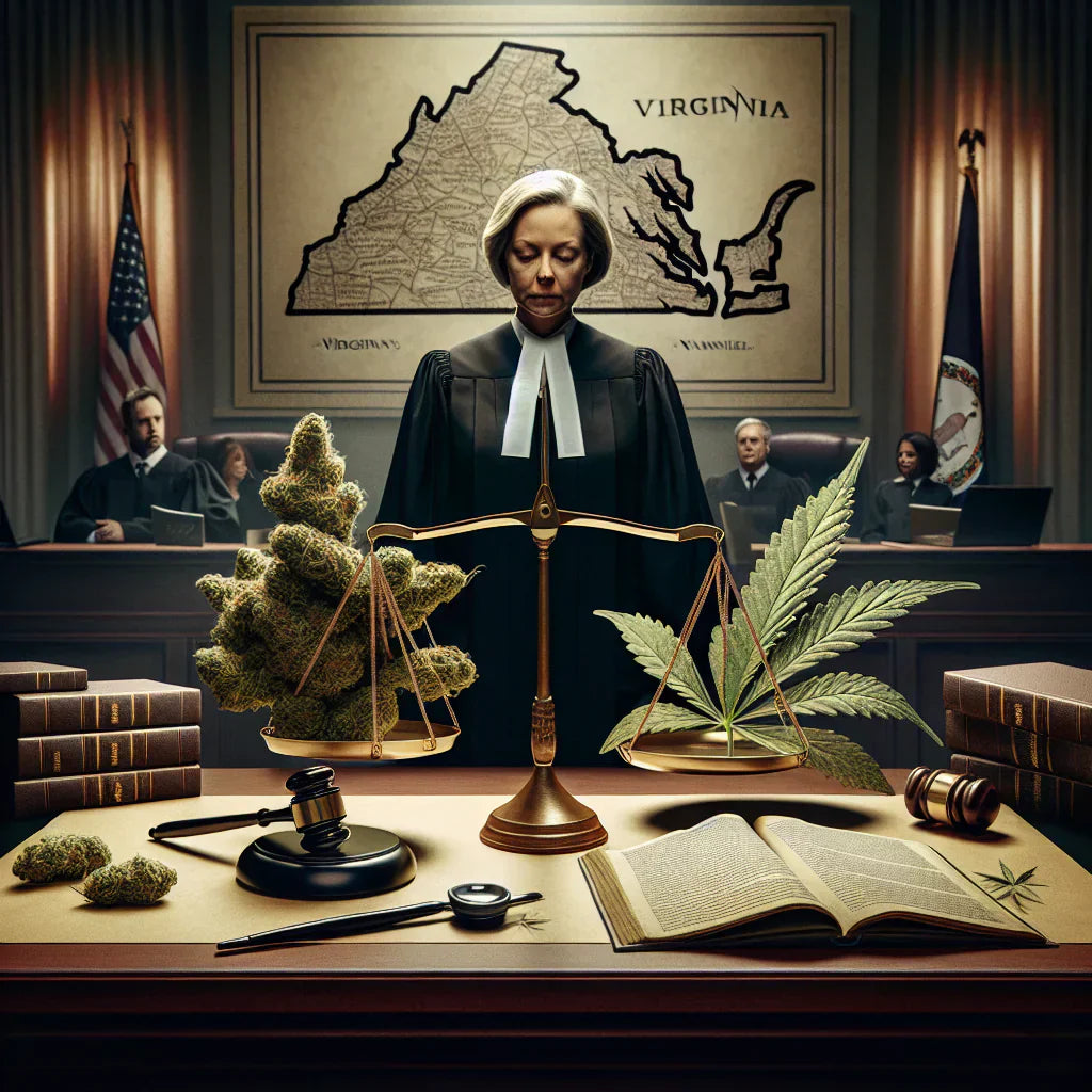 An image of a judge in a courtroom deciding whether Delta 8 is legal in Virginia. There is a poster of Virginia and a scale of justice with cannabis on it in the courtroom, symbolizing the discussion of Virginia THC laws.