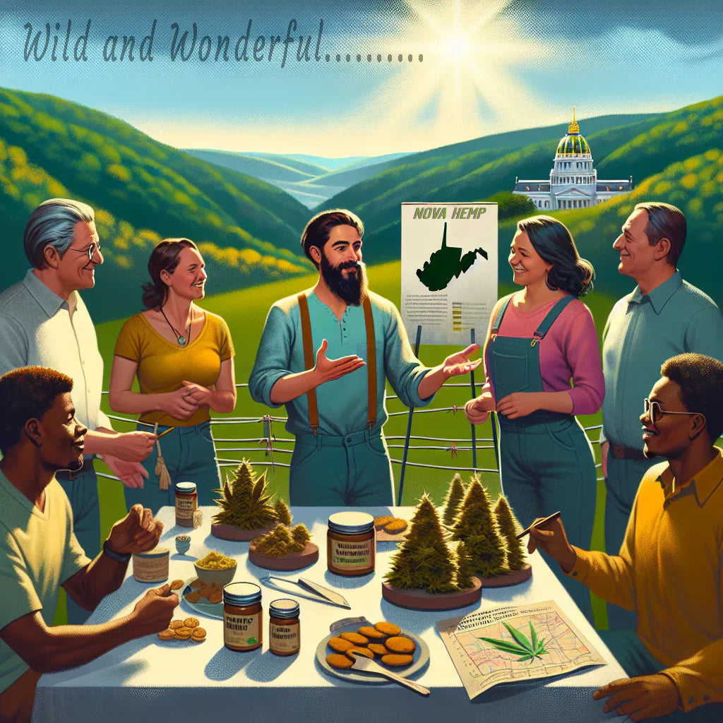 An image of several people gathered around a table against a backdrop of mountains. The people are sharing THC edibles in West Virginia.