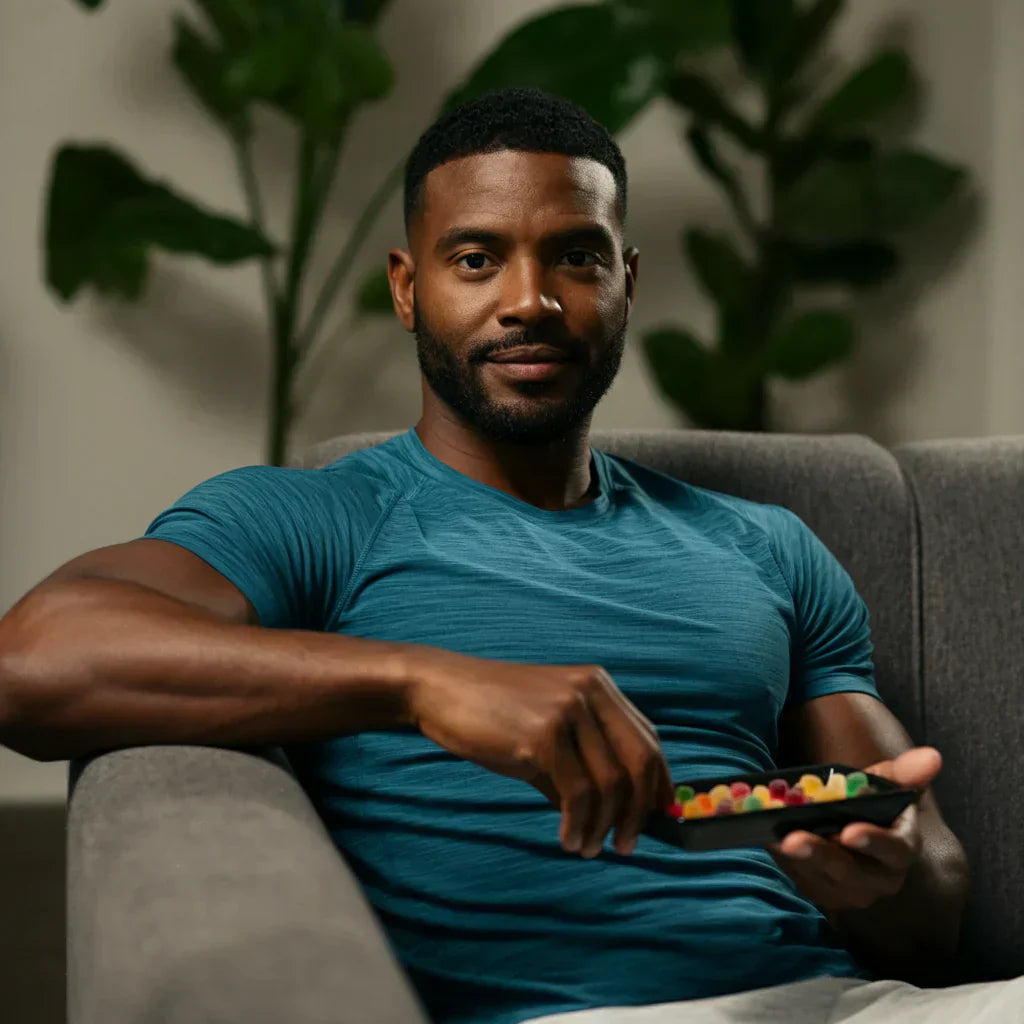 Image of a man taking CBD gummies, highlighting the benefits of CBD gummies for men. Explore how CBD gummies can assist with stress, muscle recovery, sleep, and more. Find high-quality hemp products designed with men in mind!