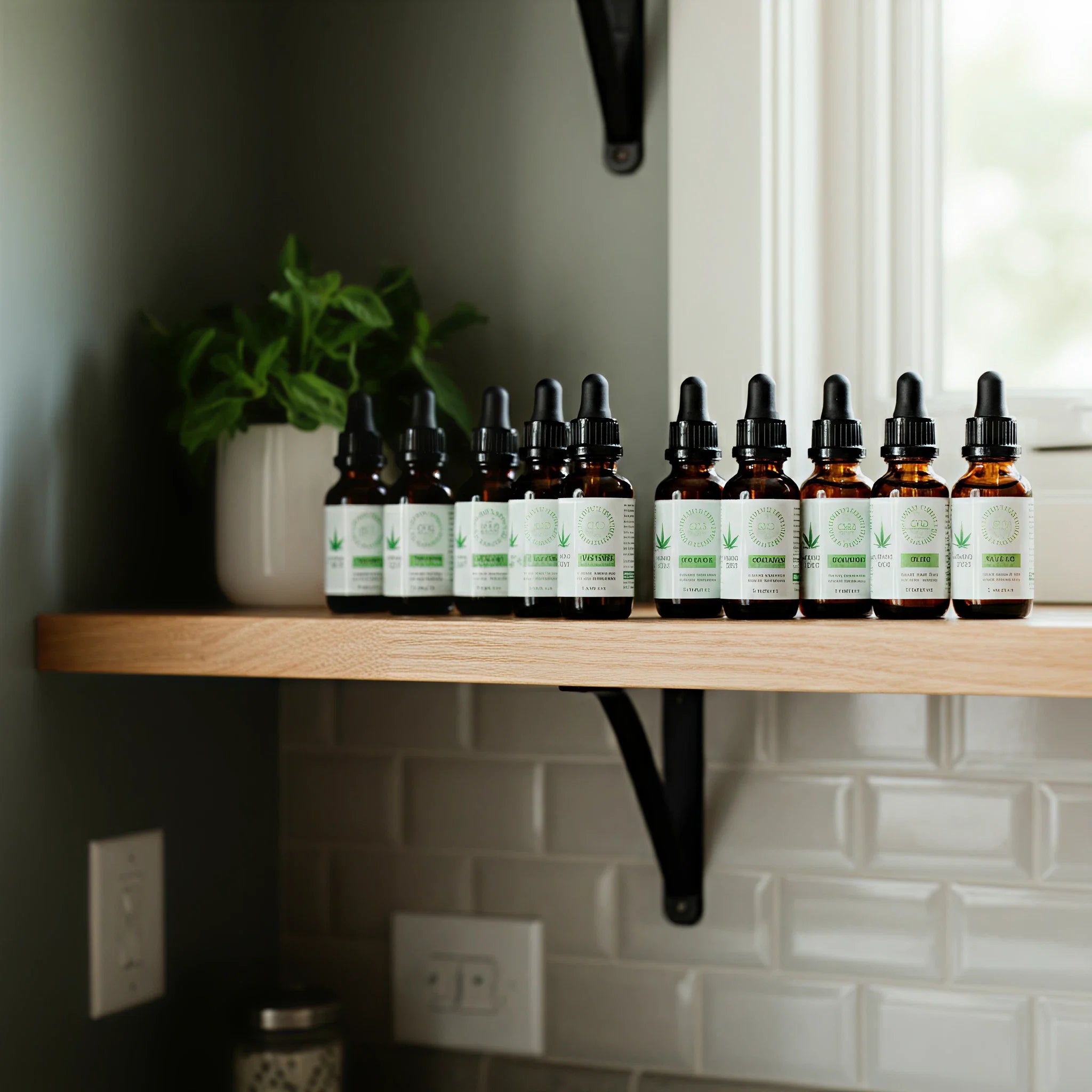 A wooden shelf holds several brown dropper bottles with green labels and a plant in a white pot. 