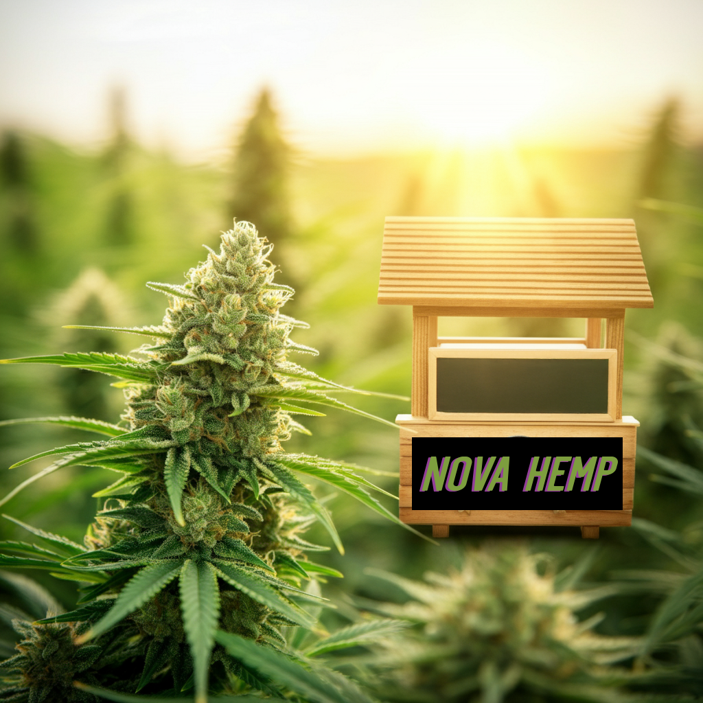 A wooden sign with 'NOVA HEMP' in purple, beside a healthy cannabis plant in a sunlit field. 