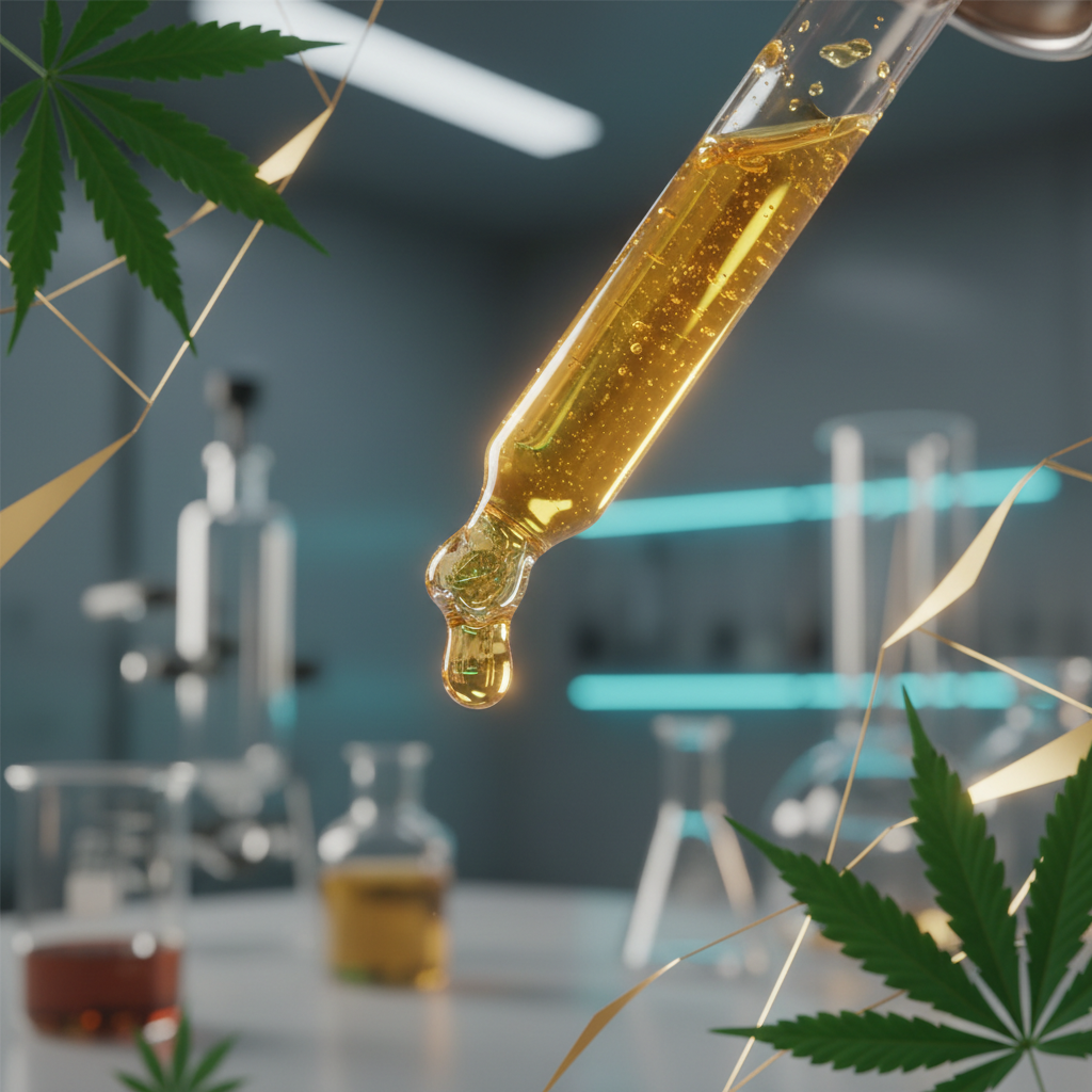 A dropper holding liquid concentrate, with cannabis leaves and lab glassware in the background. 