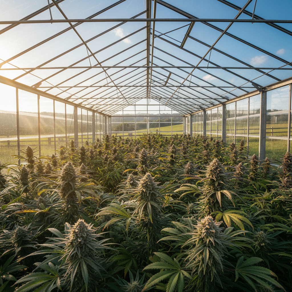 Rows of tall cannabis plants growing inside a greenhouse under sunlight. 