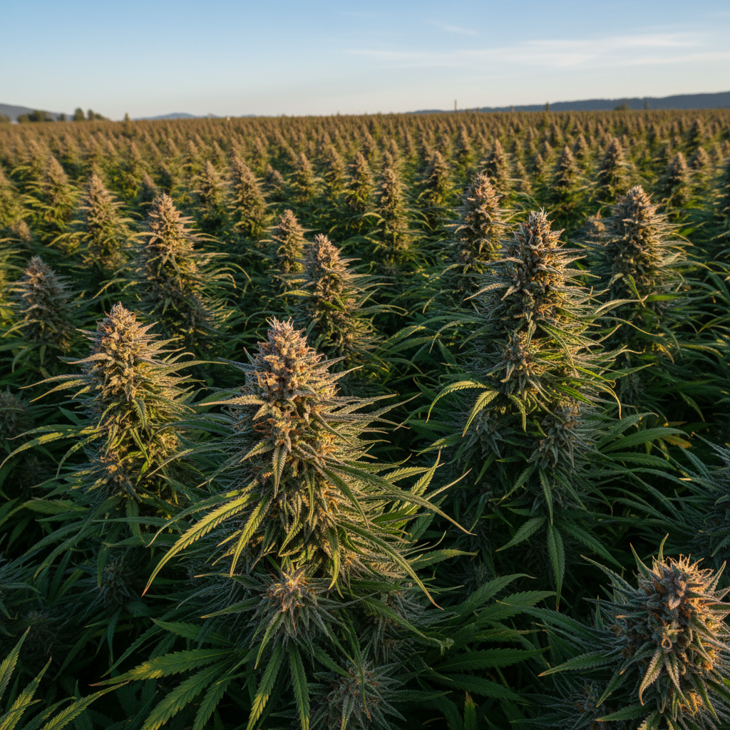 A field of tall cannabis plants with dense buds under a clear sky.