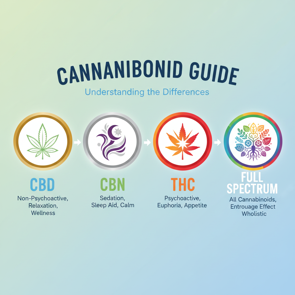 A colorful guide showing different cannabinoids: CBD, CBN, THC, and Full Spectrum with explanations.