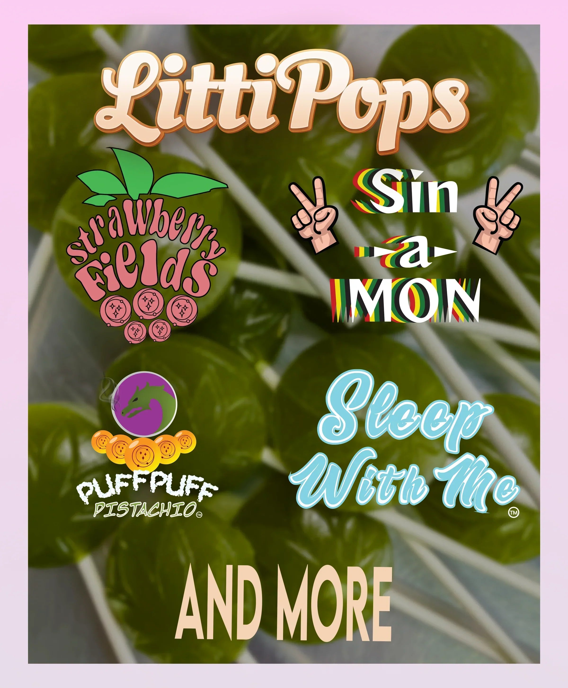 Logos of several different flavors of LittiPops, NOVA Hemp’s popular THC candy. Discover everything you need to know about cannabis candy in this blog from NOVA Hemp, a leading supplier of cannabis sweets.