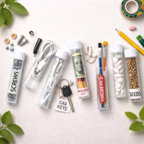 Clear tubes labeled with screws, car keys, emergency kit, and seeds, on a table with various items nearby.