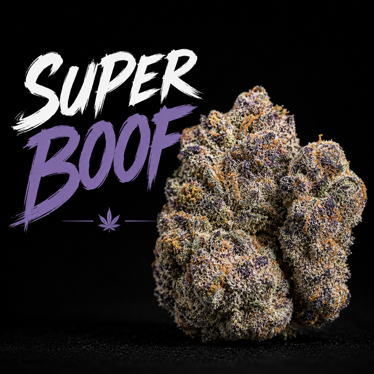 Super Boof strain – premium THCa cannabis flower with colorful purple buds, heavy trichomes, and orange pistils