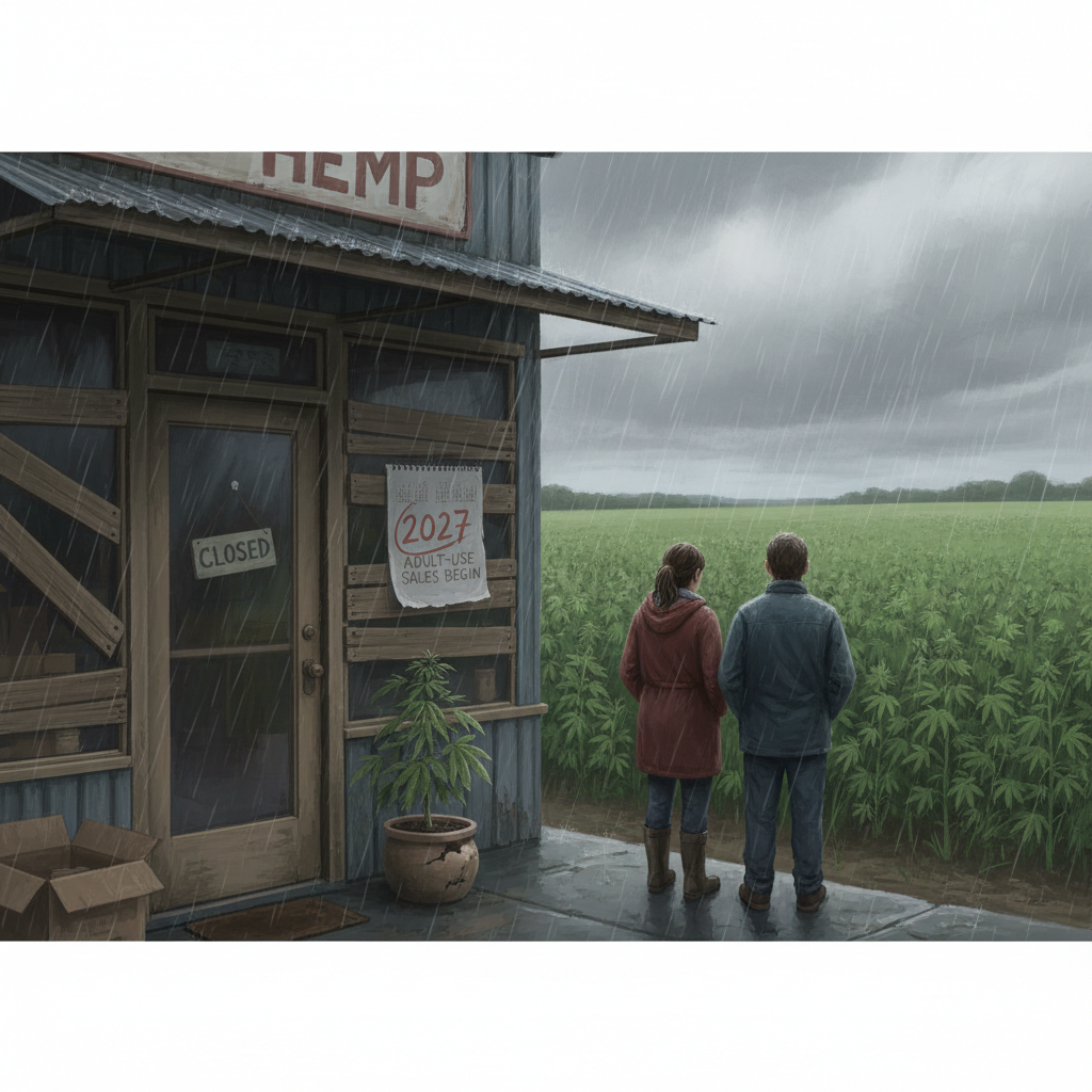Illustration of two people standing under a boarded-up 'HEMP' store awning in the rain, gazing at a vast cannabis field, awaiting adult-use sales in 2027