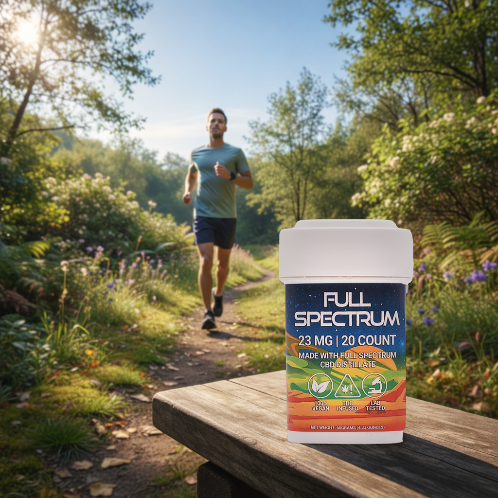 A man jogging on a trail with trees, next to a container of Full Spectrum CBD with 23 mg. 