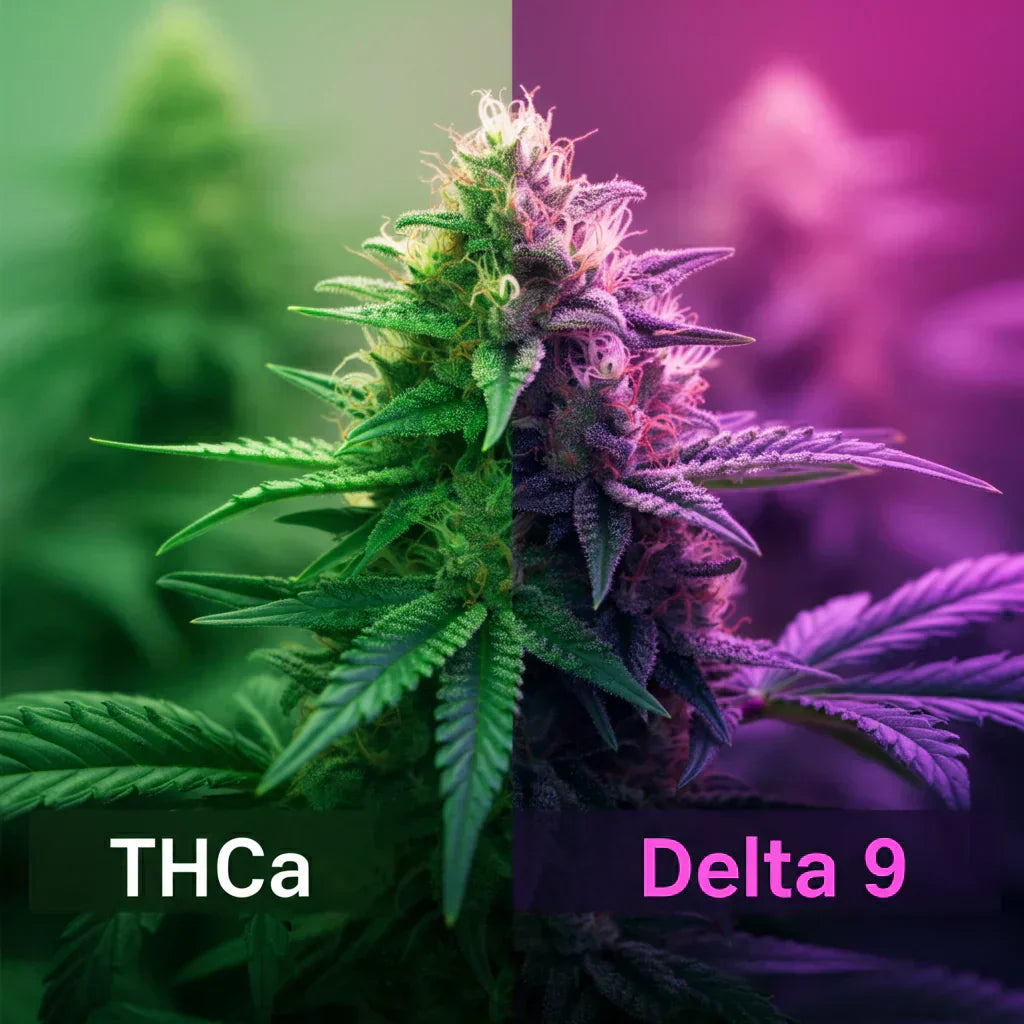 An image of a cannabis plant tinted green on one side and purple on the other, illustrating the question of whether THCs gets you as high as delta 9. Explore THCa effects and THCa benefits in this blog from NOVA Hemp.