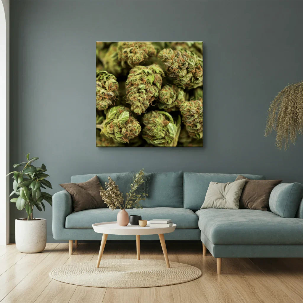 A close-up photo of THCa small buds displayed on the wall of a soothing, modern living room.