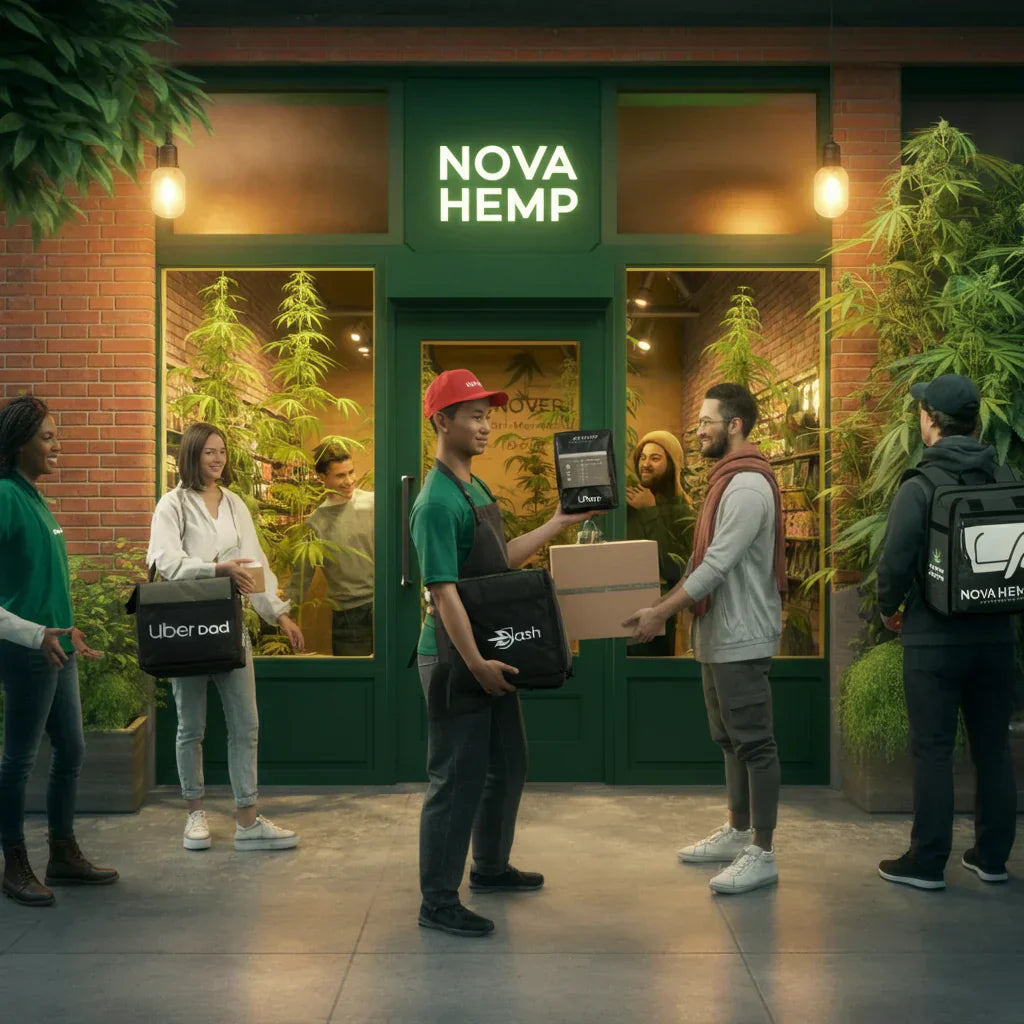 An image of delivery drivers picking up cannabis from a NOVA Hemp storefront to bring to customers who searched “THCa flower near me” and found NOVA Hemp’s neighborhood dispos.