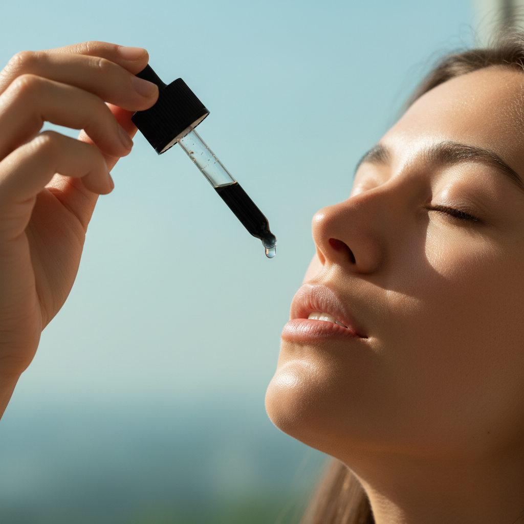 A woman applying a dropper from a tincture to her mouth, eyes closed, showing a serene expression.