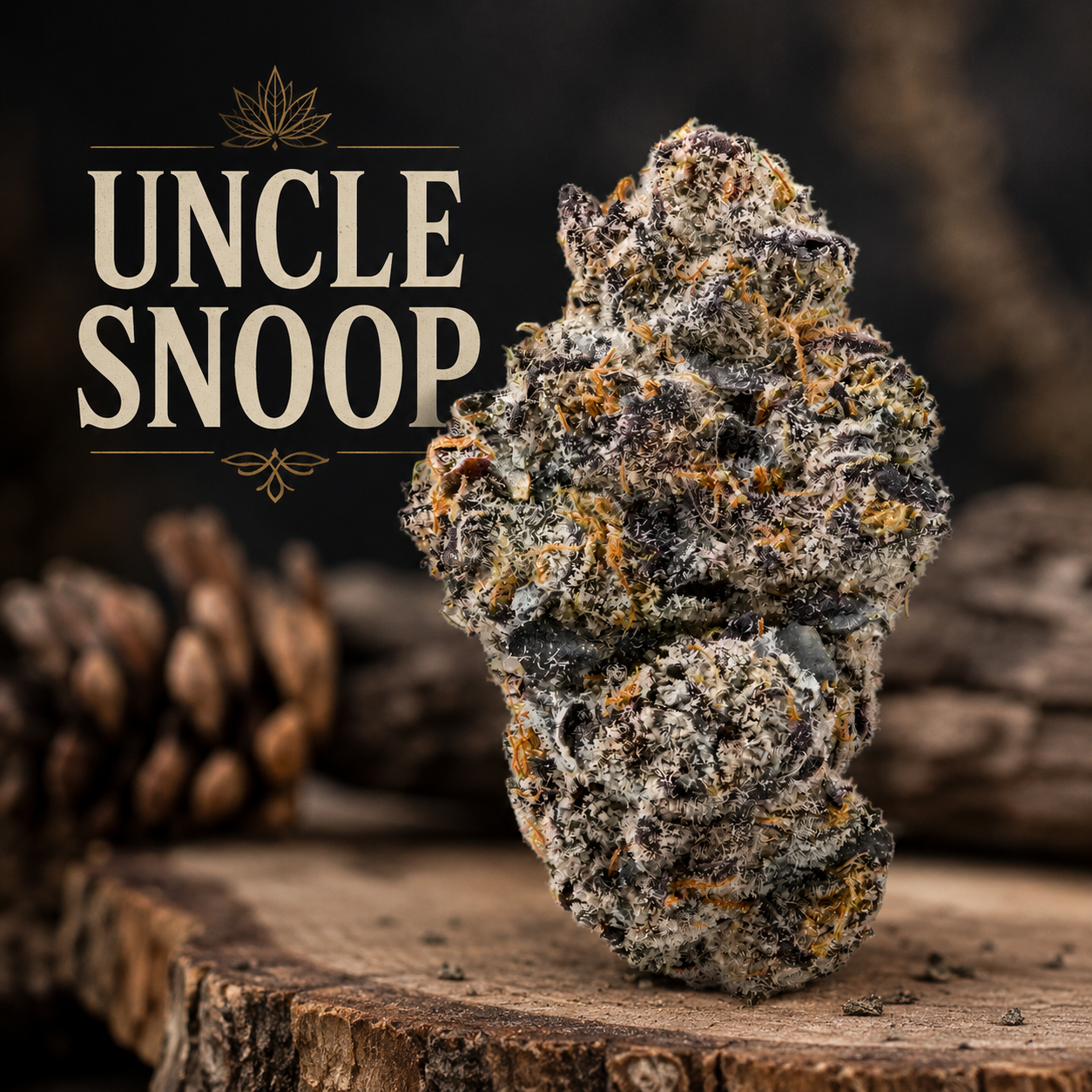 Uncle Snoop THCa flower with frosty purple buds displayed on a rustic wood background.