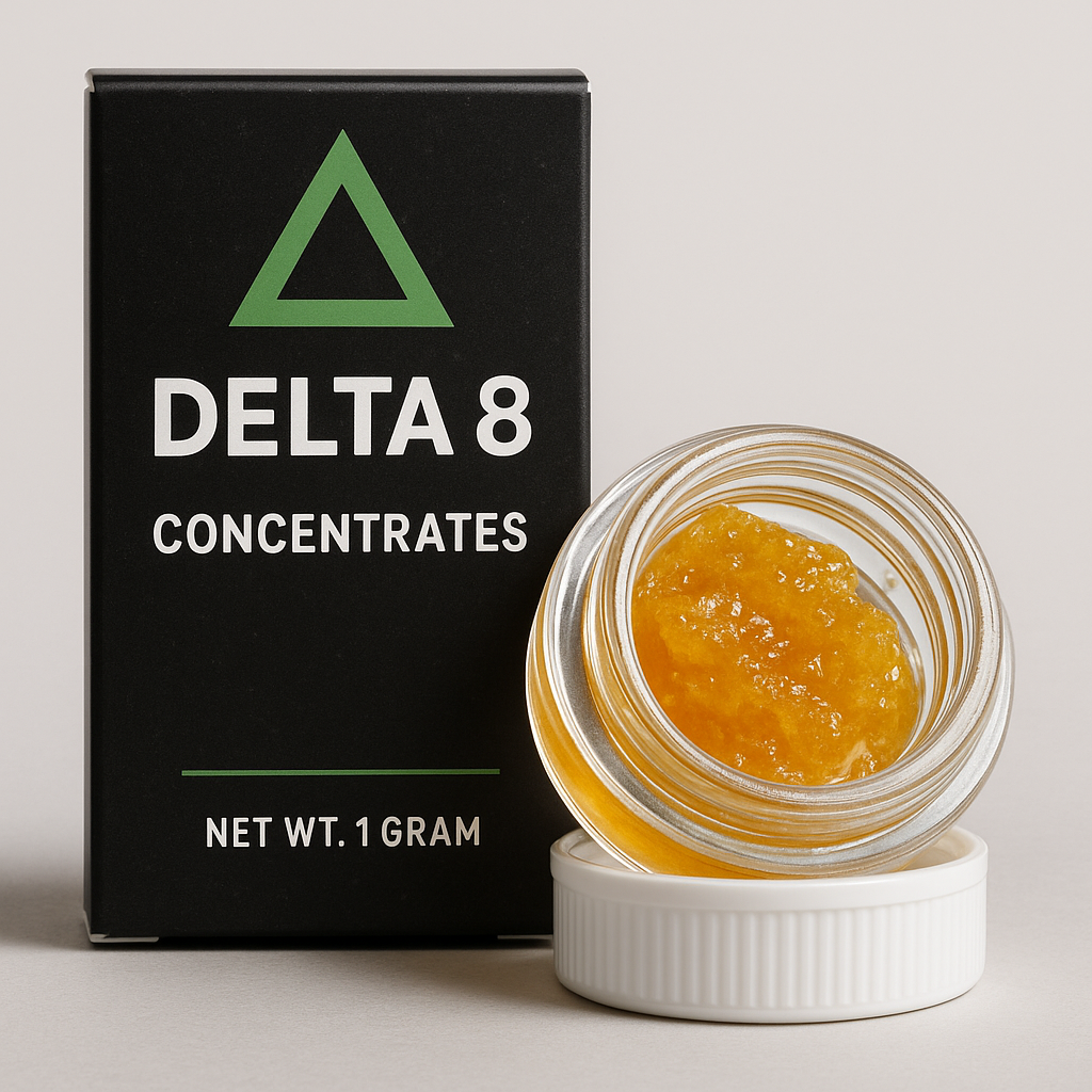 A jar of Delta 8 concentrate with a golden, sticky substance, next to its black box packaging. 