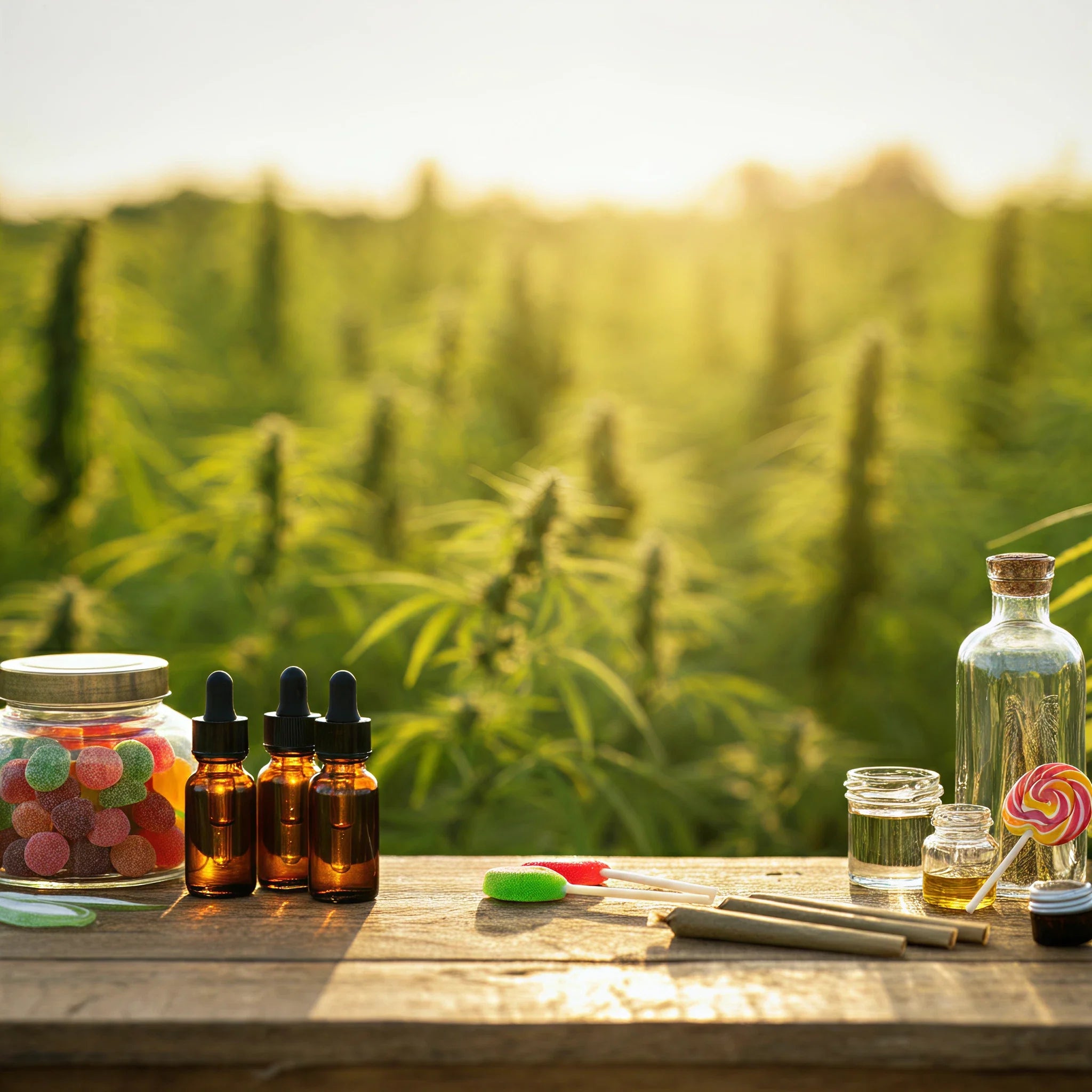 Three amber dropper bottles and colorful candies on a wooden table in a hemp field. 