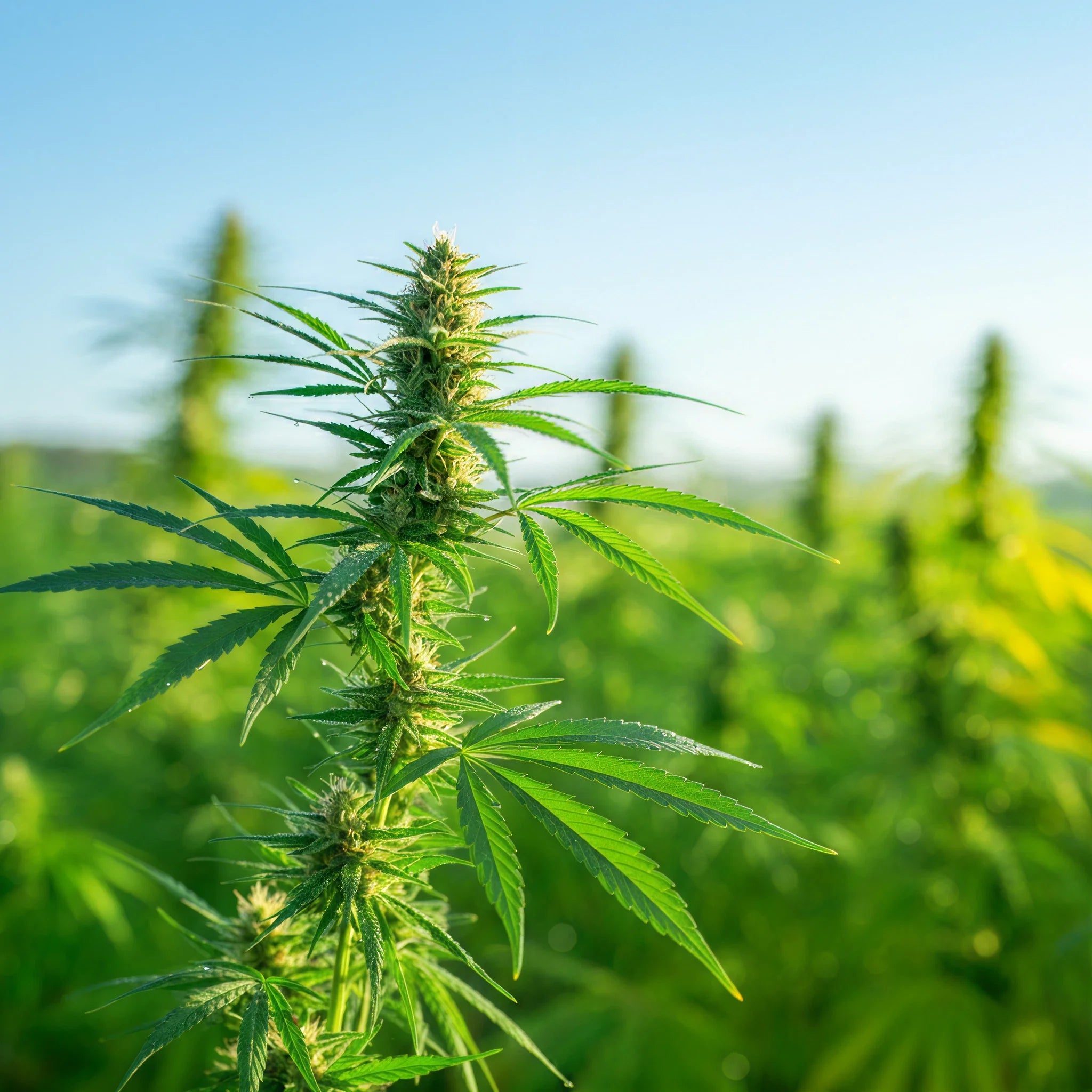 Close-up of a cannabis plant with thick buds and green leaves in a sunny field. 
