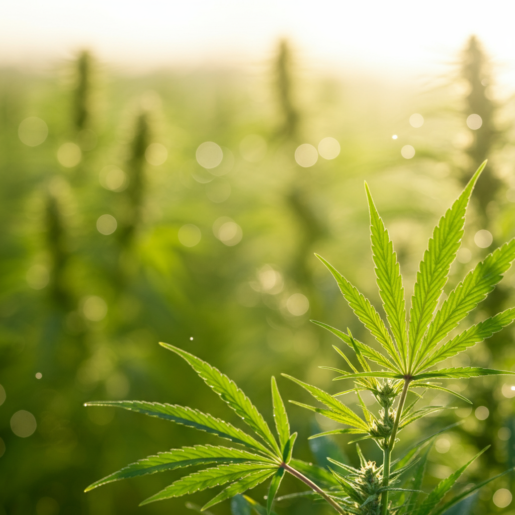 Close-up of green cannabis leaves with a soft, blurred background of more plants and sunlight. 