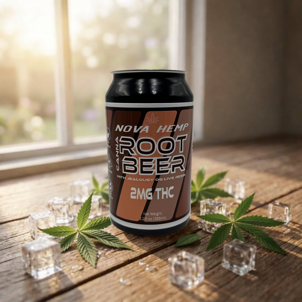 A can of Nova Hemp Root Beer with 2mg THC, featuring a leaf logo.